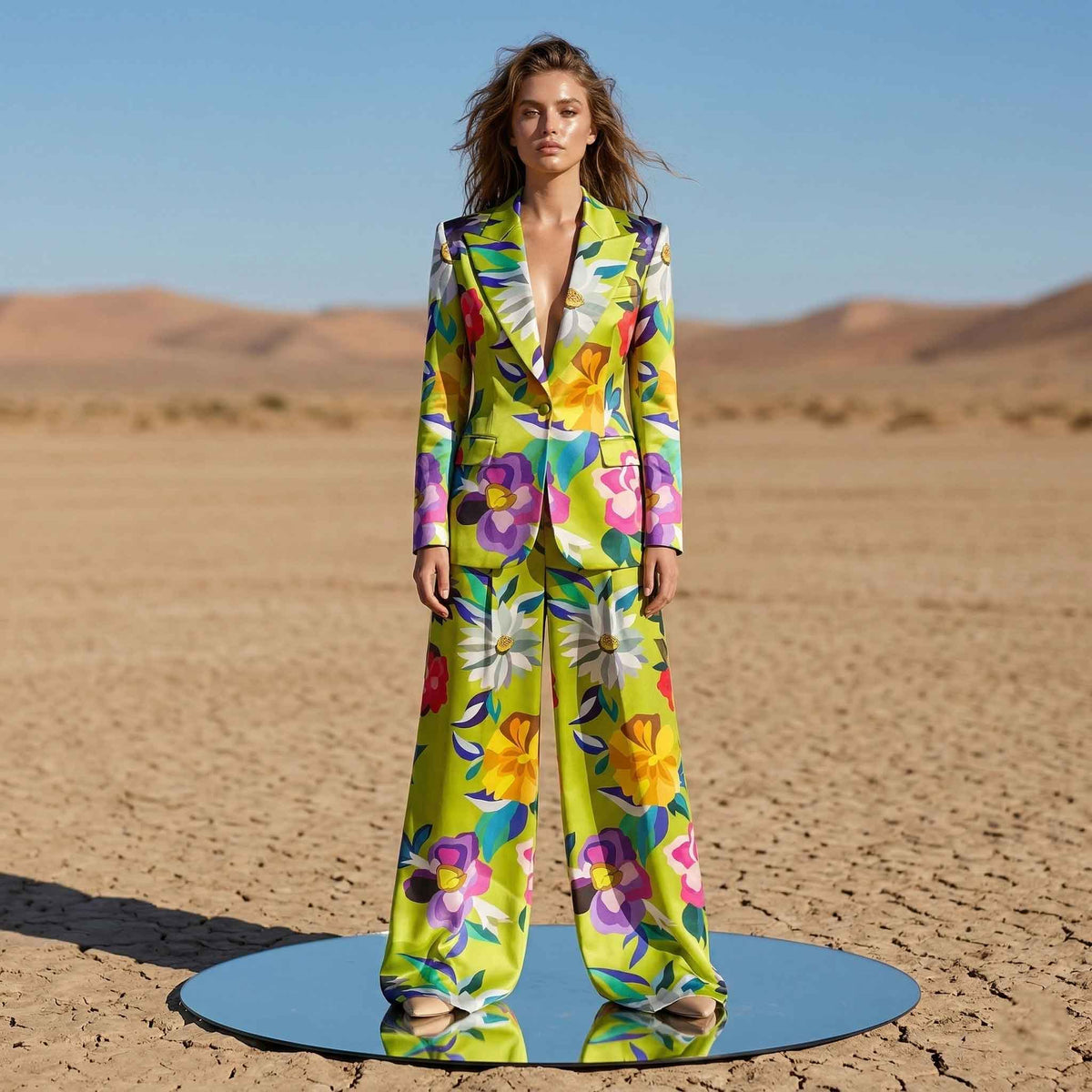 Floral print blazer and pant suit, front view - ARTSAY