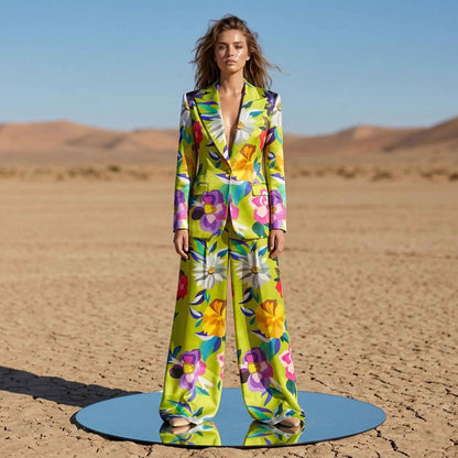 Floral print blazer and pant suit, front view - ARTSAY