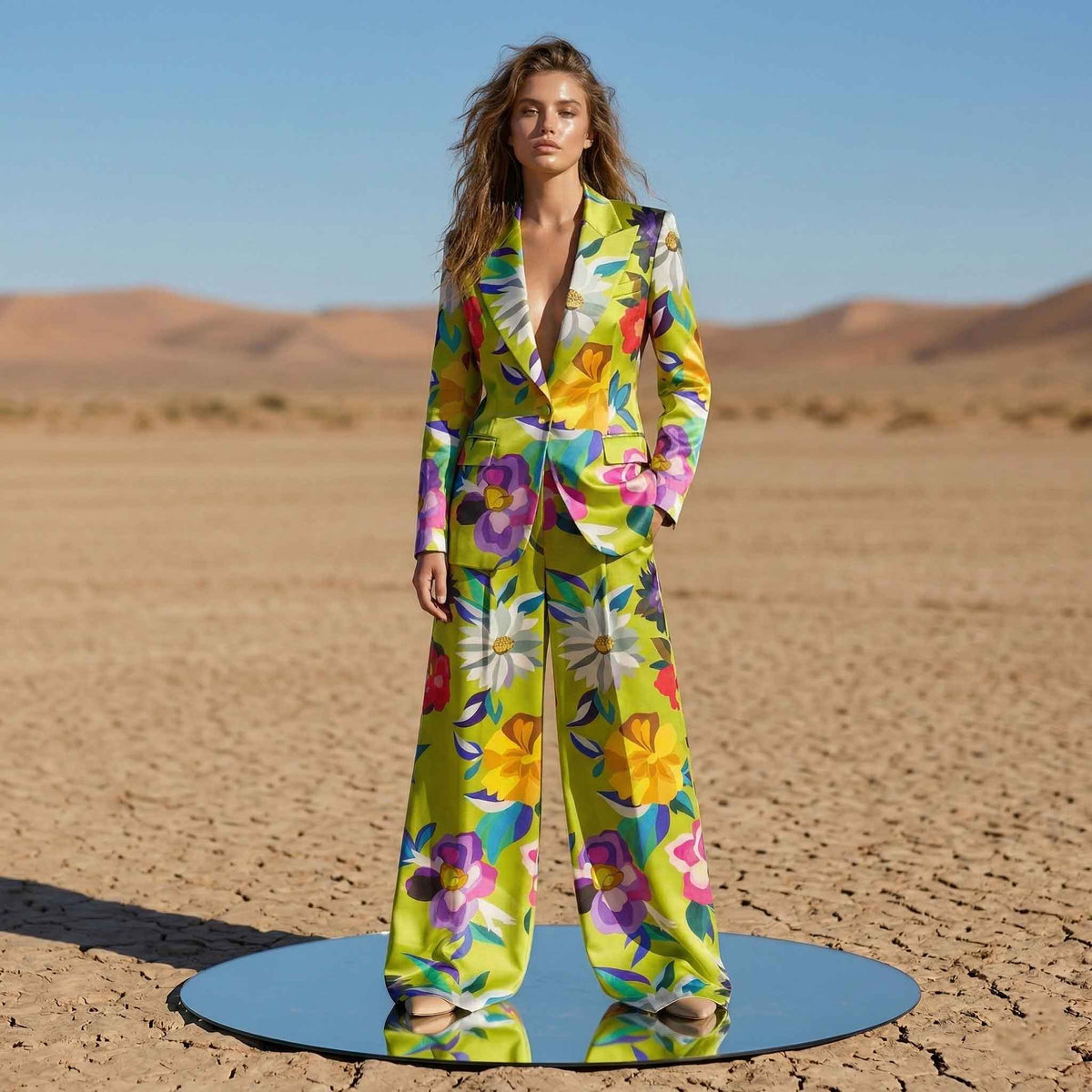 Woman wearing floral print pant suit, styled look - ARTSAY