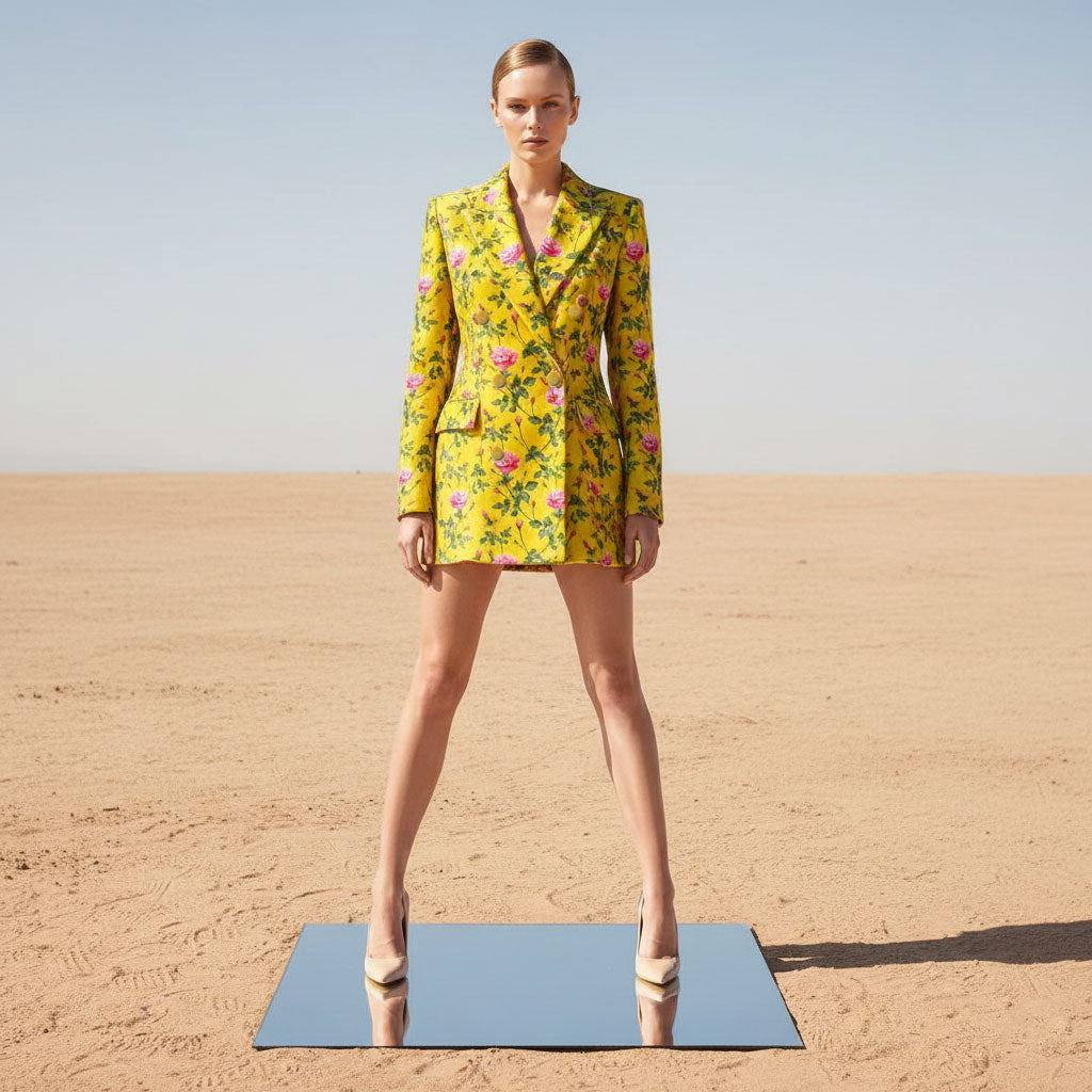 Mustard yellow floral velvet blazer mini dress, front view - ARTSAY