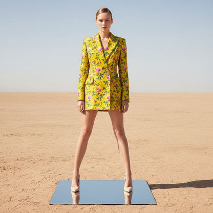 Mustard yellow floral velvet blazer mini dress, front view - ARTSAY