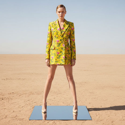 Mustard yellow floral velvet blazer mini dress, front view - ARTSAY