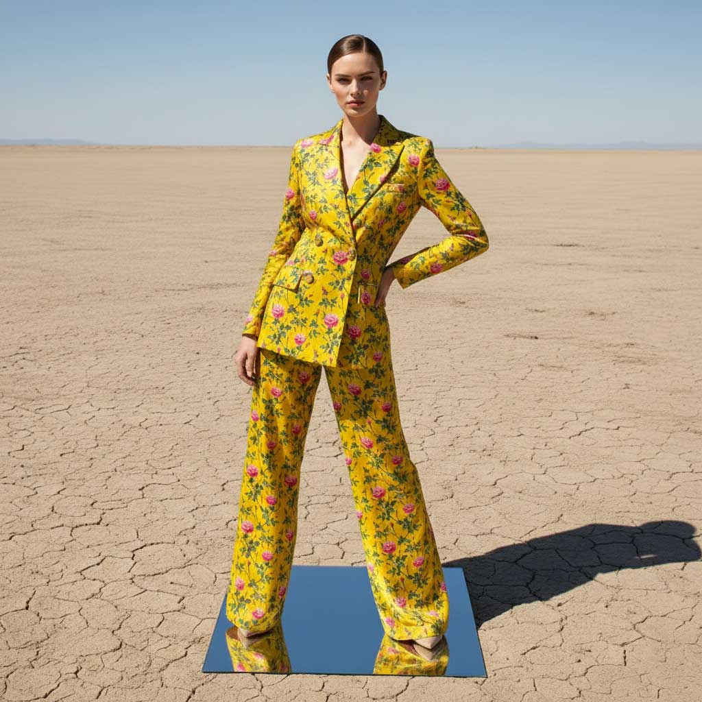 Mustard yellow velvet blazer and pant suit, front view - ARTSAY