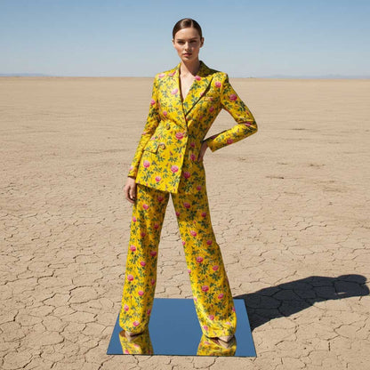 Mustard yellow velvet blazer and pant suit, front view - ARTSAY