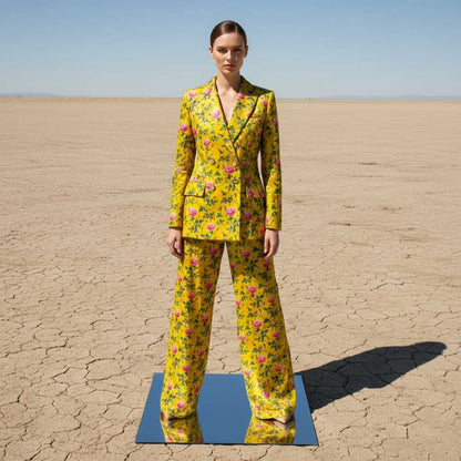 Woman wearing mustard yellow velvet suit, styled look - ARTSAY