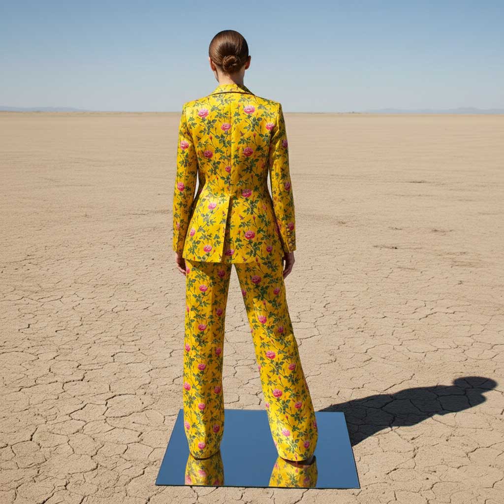 Mustard yellow velvet suit, back view - ARTSAY