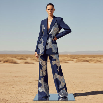 Navy blue sequin applique blazer and pant suit, front view - ARTSAY