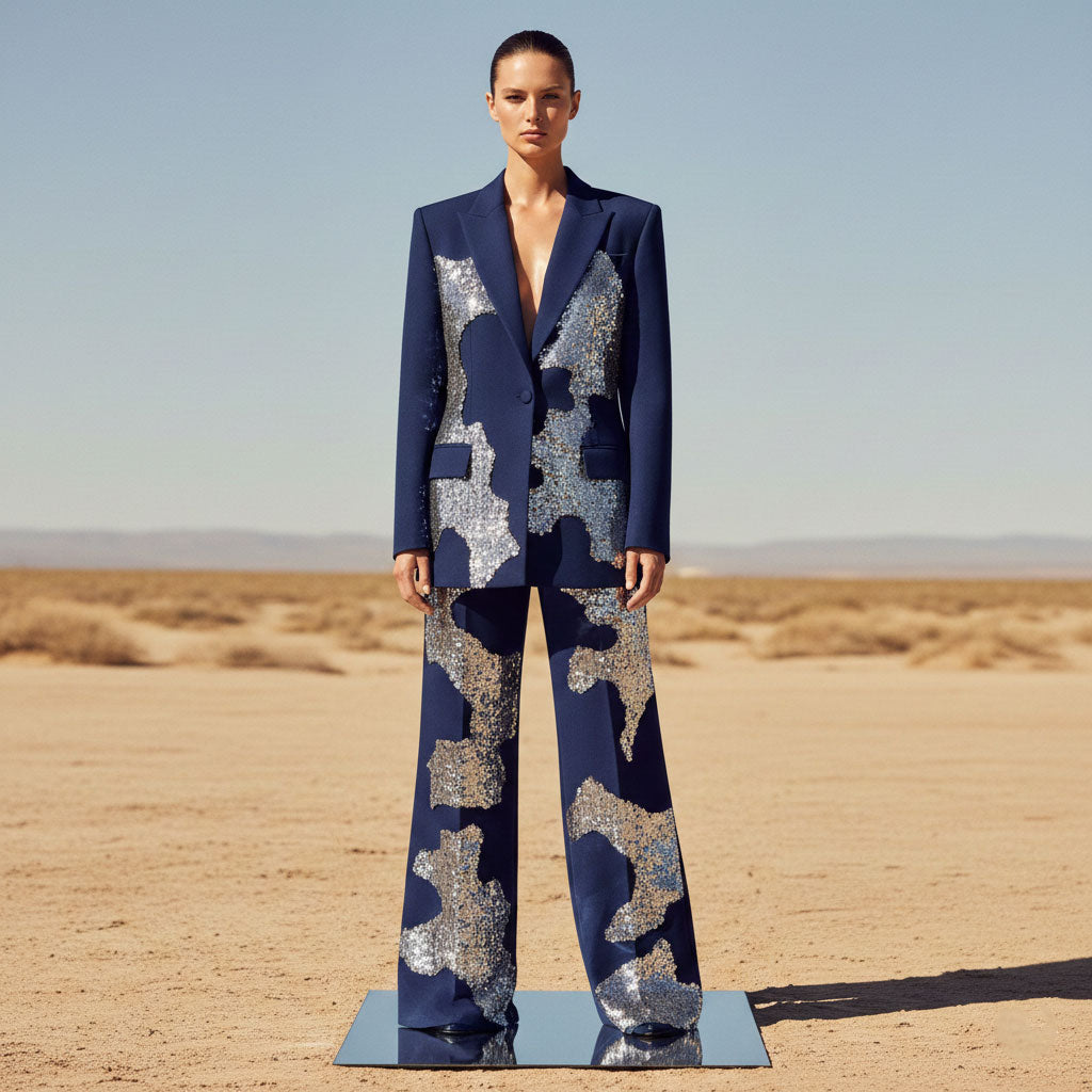 Woman wearing navy blue sequin applique suit, styled look - ARTSAY
