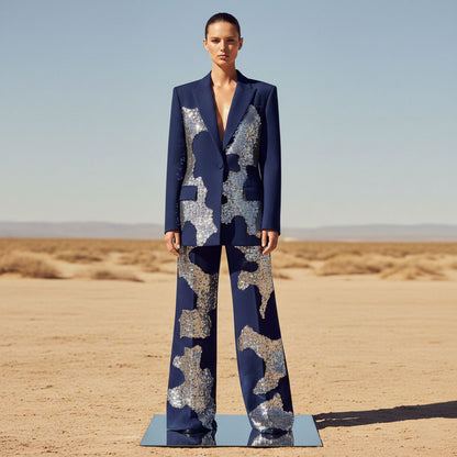 Woman wearing navy blue sequin applique suit, styled look - ARTSAY
