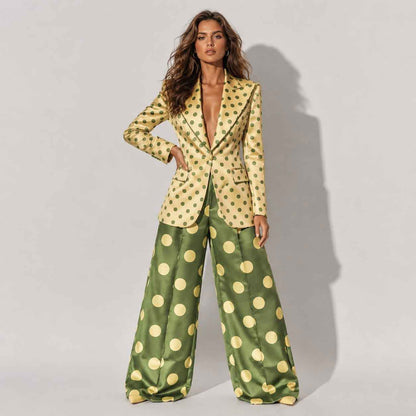 Olive polka dot blazer and pant suit, front view - ARTSAY