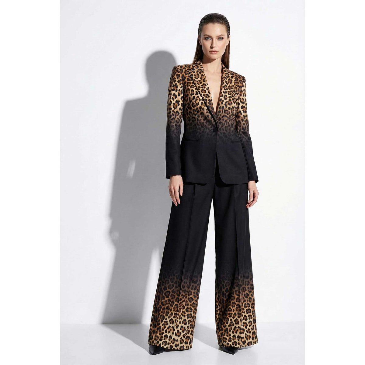 Ombre leopard print blazer and pant suit, front view - ARTSAY