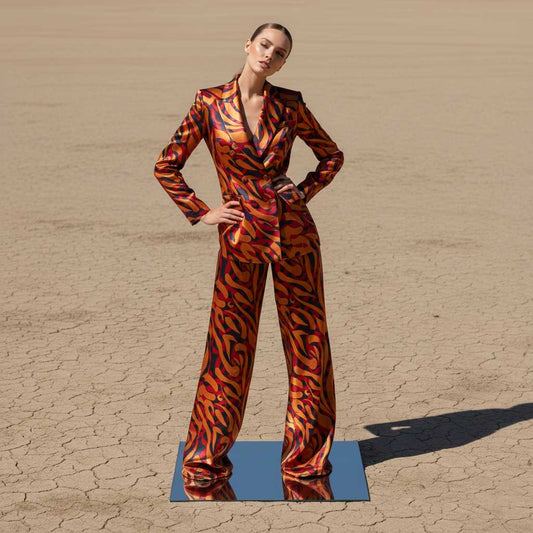 Orange printed blazer and pant suit, front view - ARTSAY