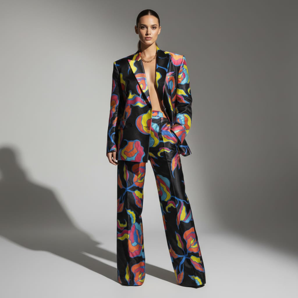 Oversized abstract print blazer and pant suit, front view - ARTSAY