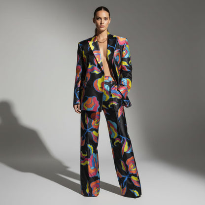 Oversized abstract print blazer and pant suit, front view - ARTSAY