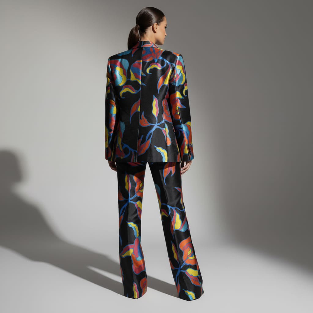 Woman wearing abstract print pant suit, styled look - ARTSAY
