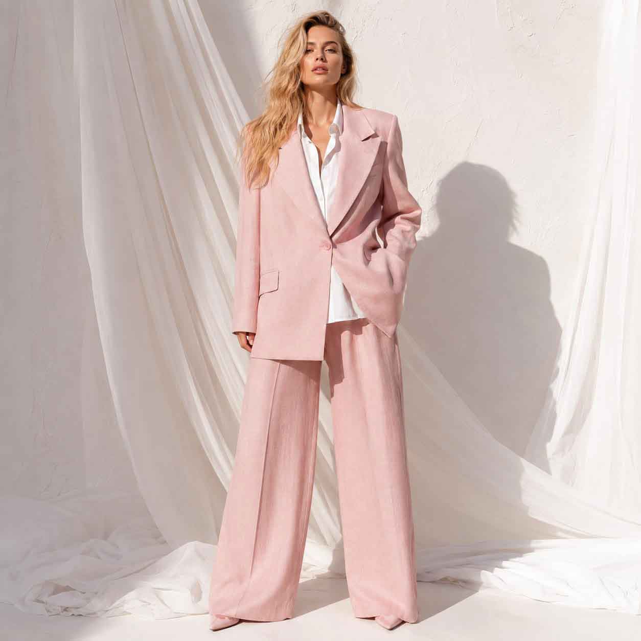 Pink linen blend blazer and pant suit, front view - ARTSAY