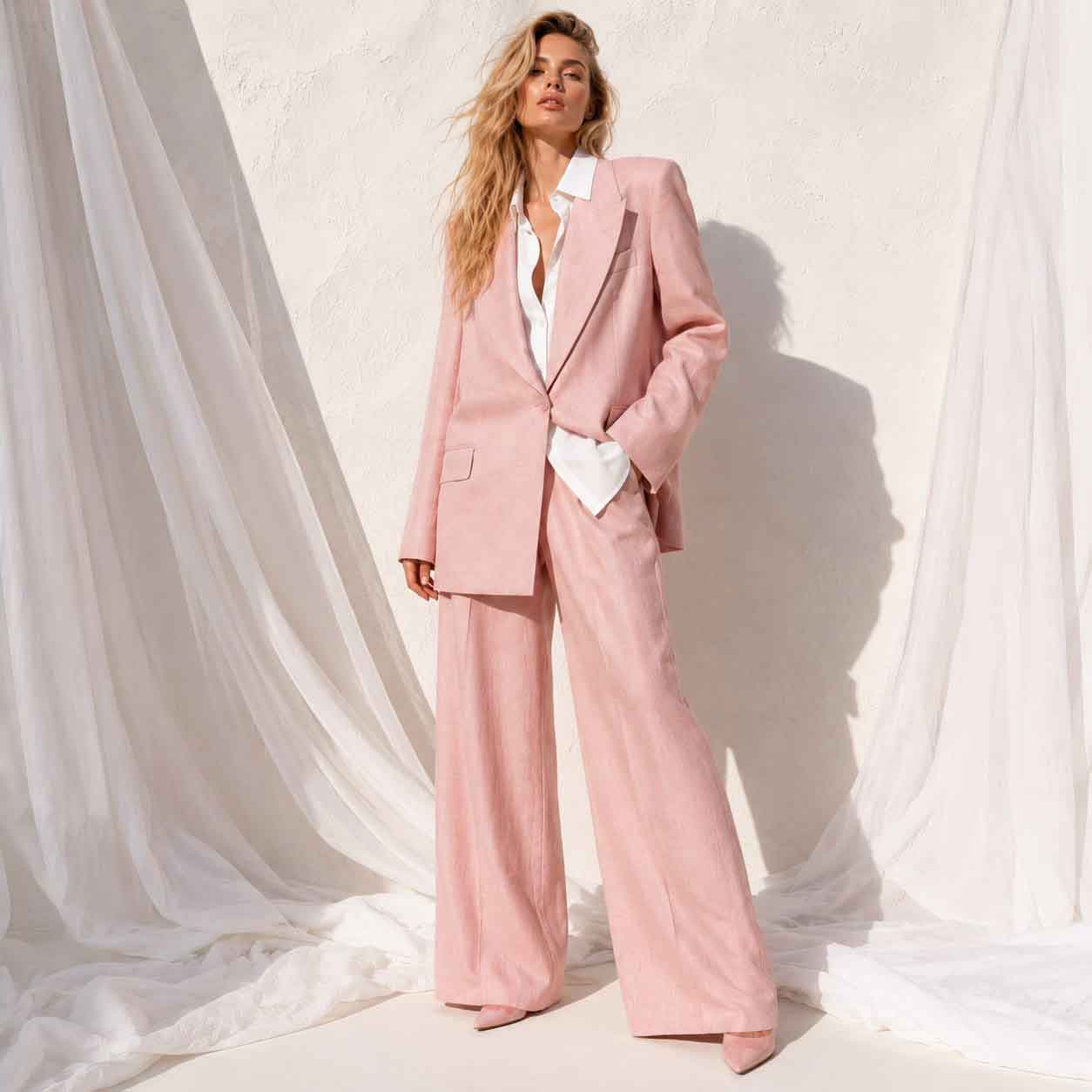 Close-up of pink linen blend blazer fabric - ARTSAY