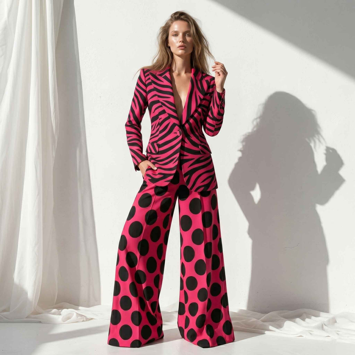 Hot pink zebra and polka dot print blazer and pant suit, front view - ARTSAY