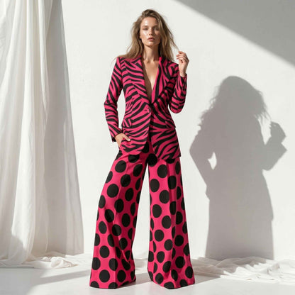 Hot pink zebra and polka dot print blazer and pant suit, front view - ARTSAY