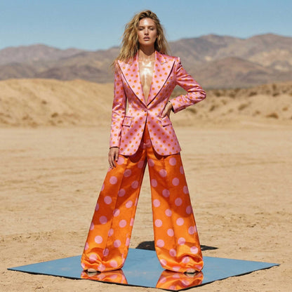 Pink and orange polka dot blazer and pant suit, front view - ARTSAY