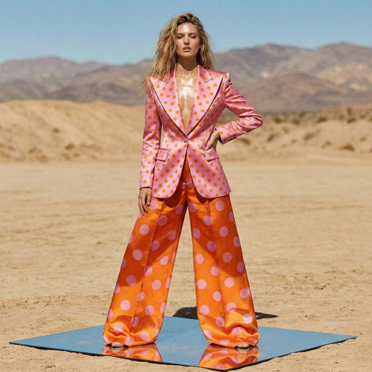 Pink and orange polka dot blazer and pant suit, front view - ARTSAY