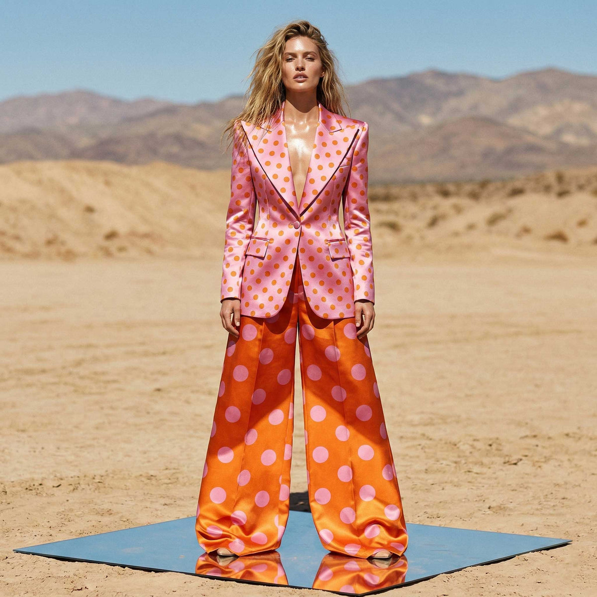 Woman wearing pink orange polka dot power suit, styled look - ARTSAY