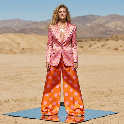 Woman wearing pink orange polka dot power suit, styled look - ARTSAY