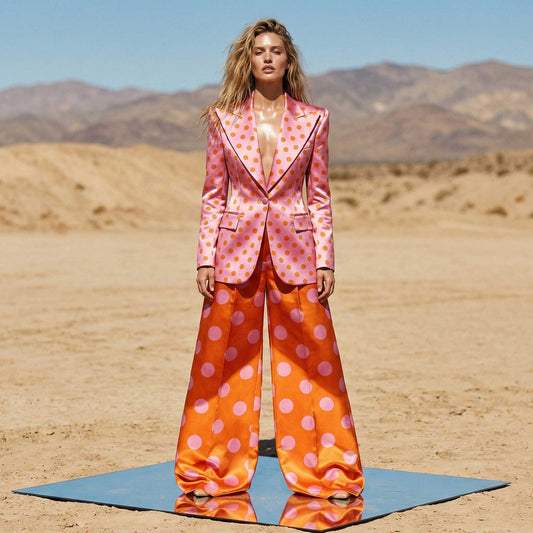 Woman wearing pink orange polka dot power suit, styled look - ARTSAY