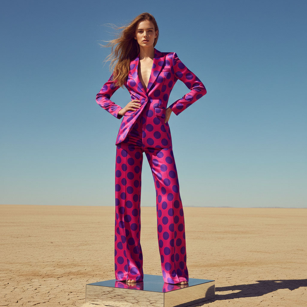Pink and purple polka dot blazer and pant suit, front view - ARTSAY