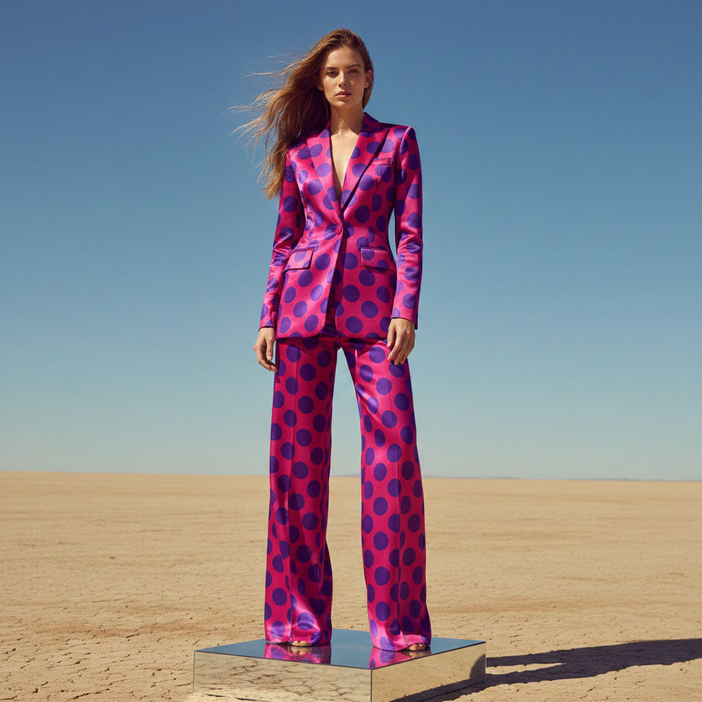 Woman wearing pink purple polka dot suit, styled look - ARTSAY
