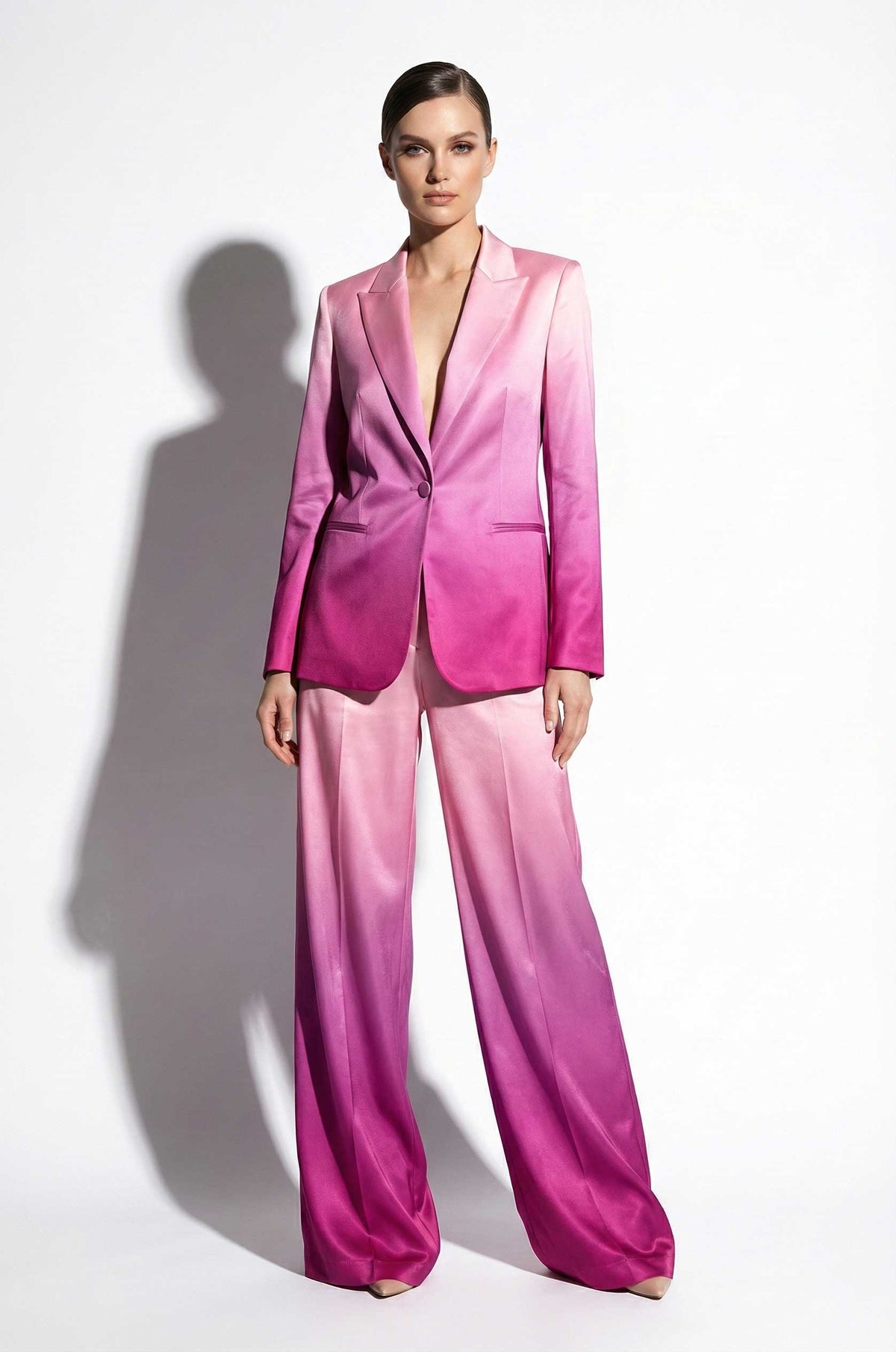 Pink ombre blazer and pant suit, front view - ARTSAY