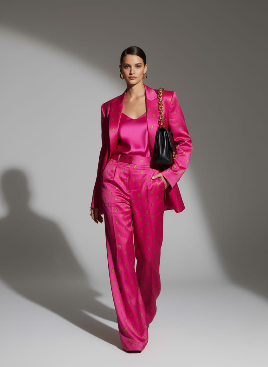 Pink printed blazer and pant suit, front view - ARTSAY