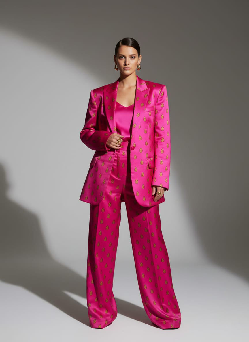 Close-up of print pattern on pink blazer - ARTSAY