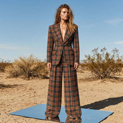 Plaid blazer and pant power suit, front view - ARTSAY