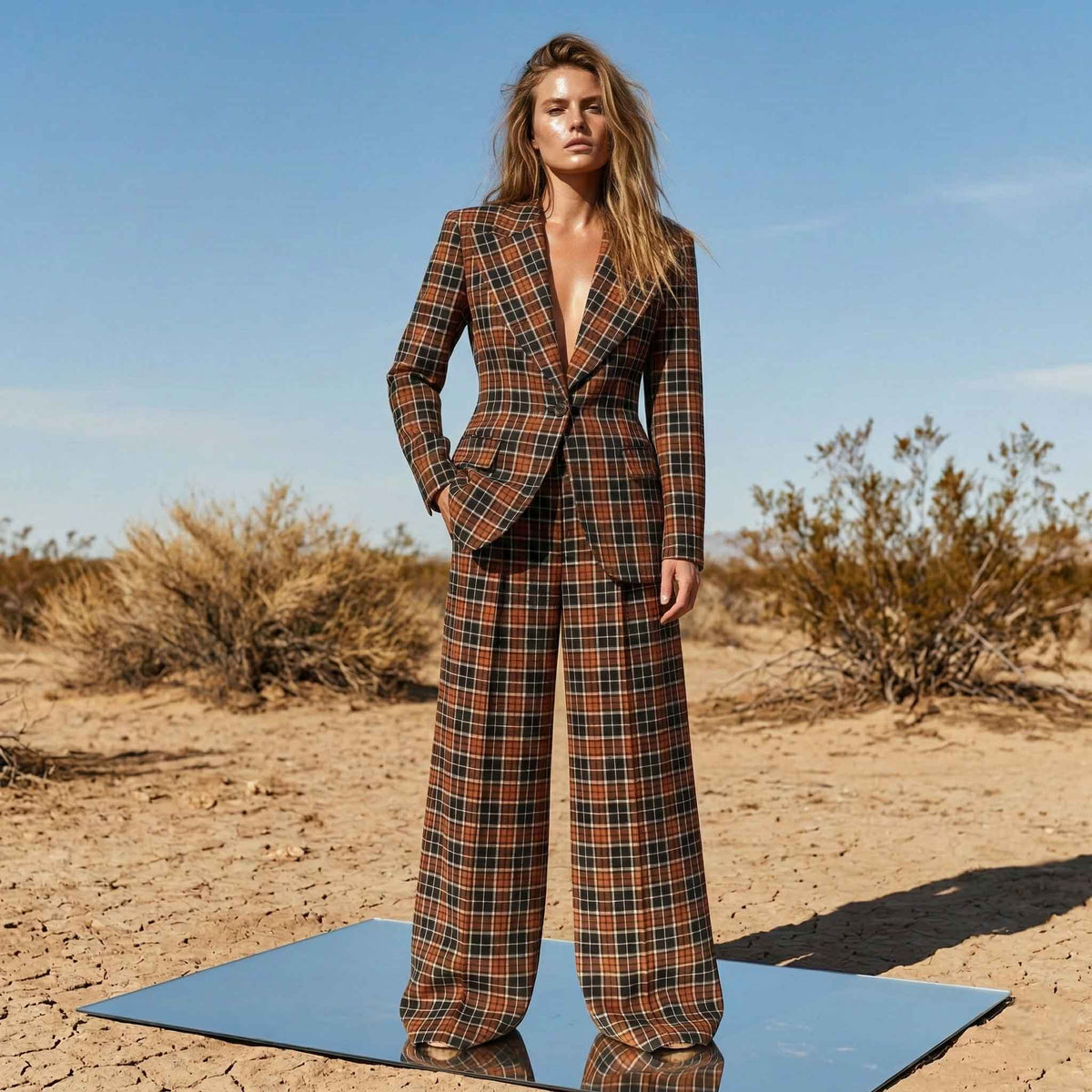 Woman wearing plaid power suit, styled look - ARTSAY