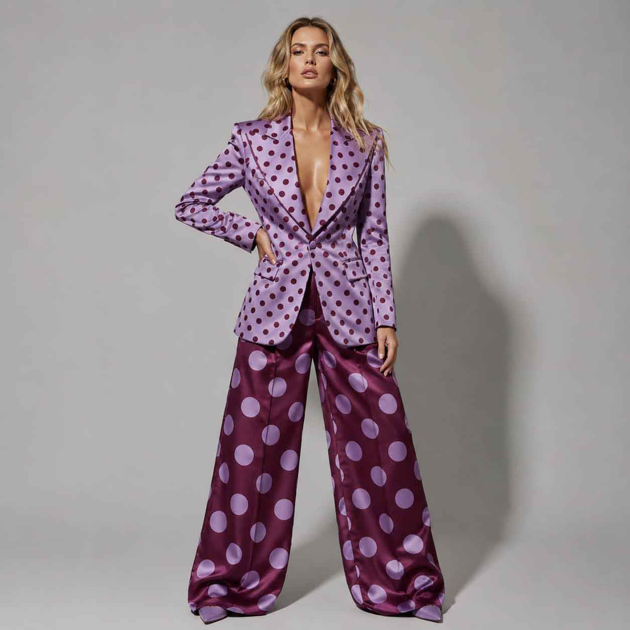 Woman wearing plum polka dot suit, styled look - ARTSAY