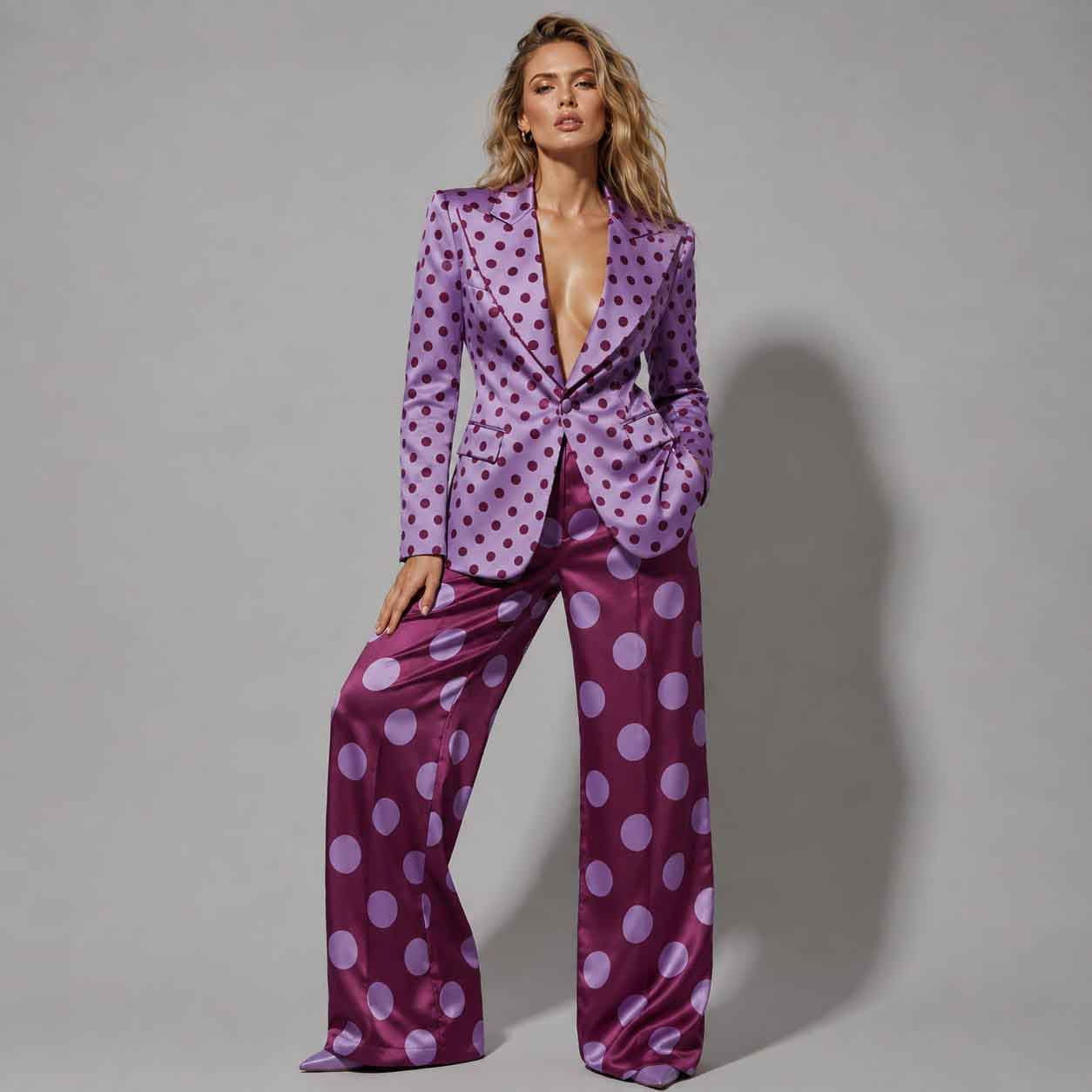 Plum polka dot blazer and pant suit, front view - ARTSAY