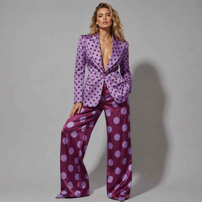 Plum polka dot blazer and pant suit, front view - ARTSAY