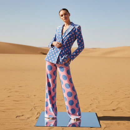 Polka dot velvet double-breasted blazer and pant suit, front view - ARTSAY