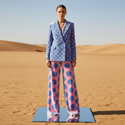 Woman wearing polka dot velvet power suit, styled look - ARTSAY