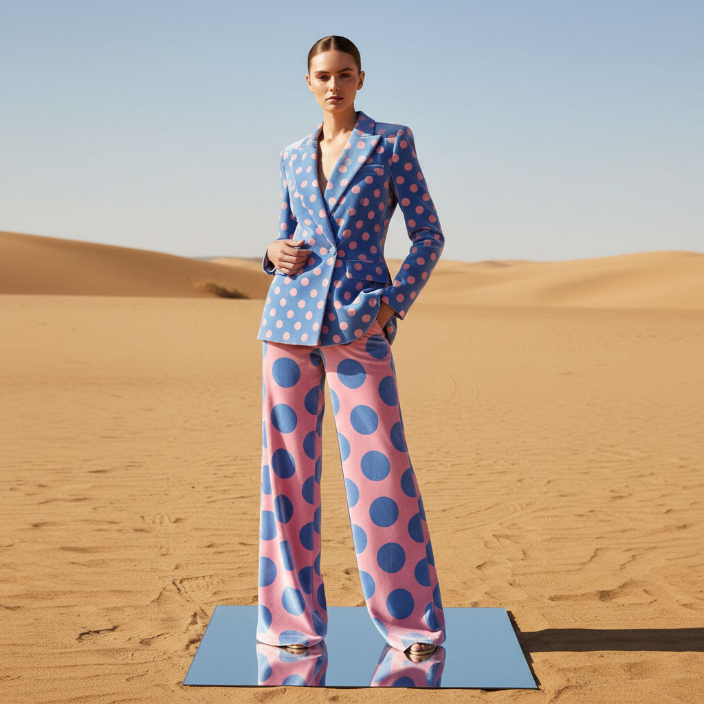 Polka dot velvet power suit, back view - ARTSAY