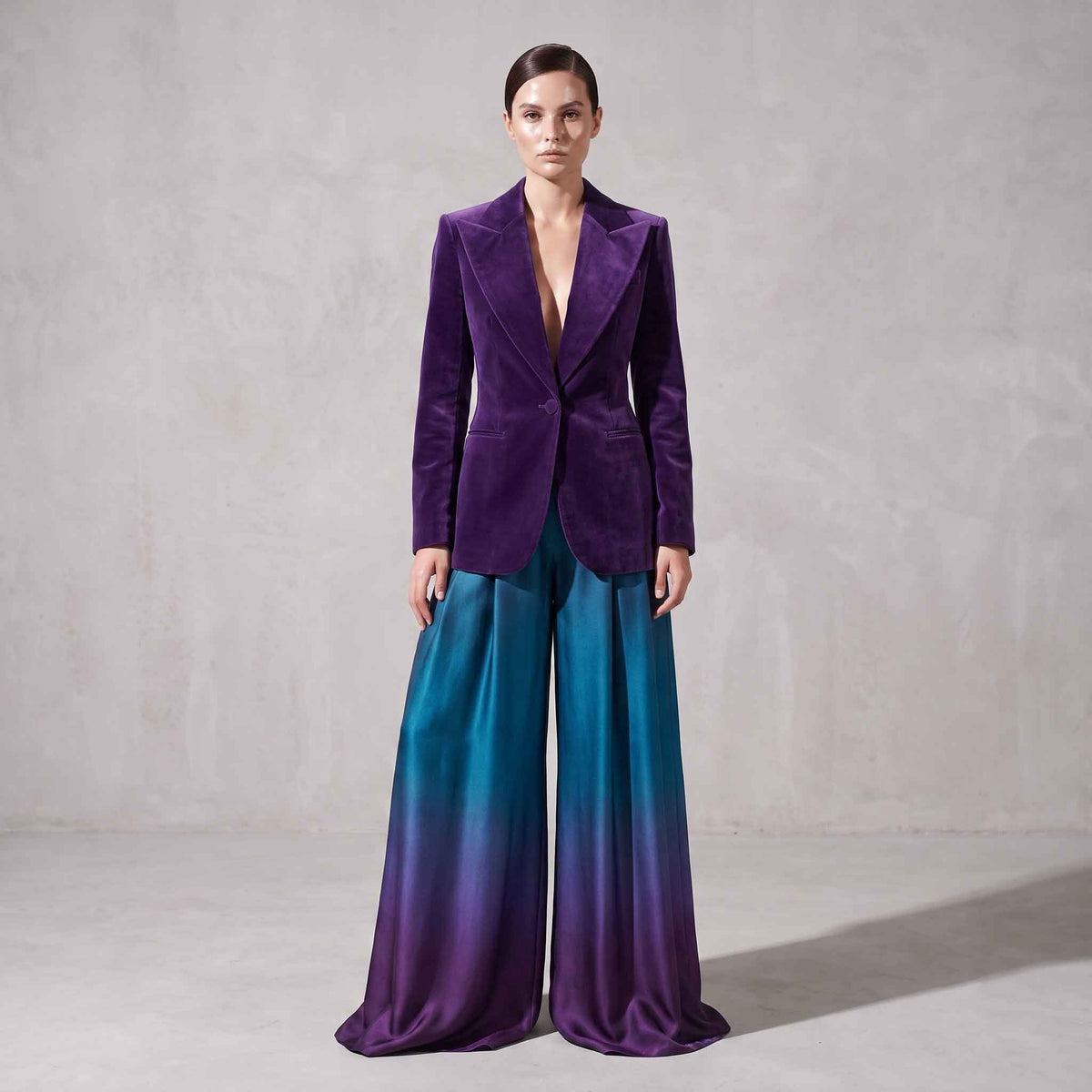 Purple Velvet Blazer & Ombré Palazzo Suit Set