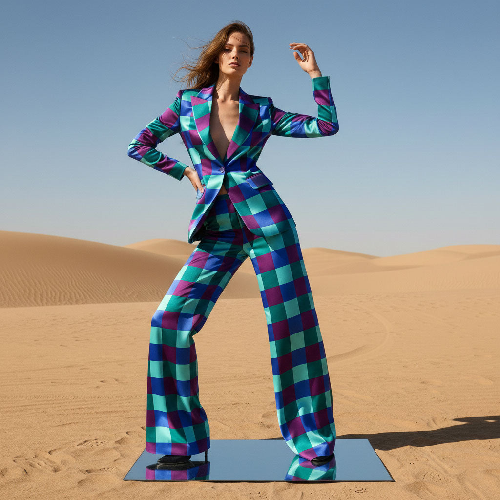 Purple and teal checkered blazer and wide leg pant suit, front view - ARTSAY