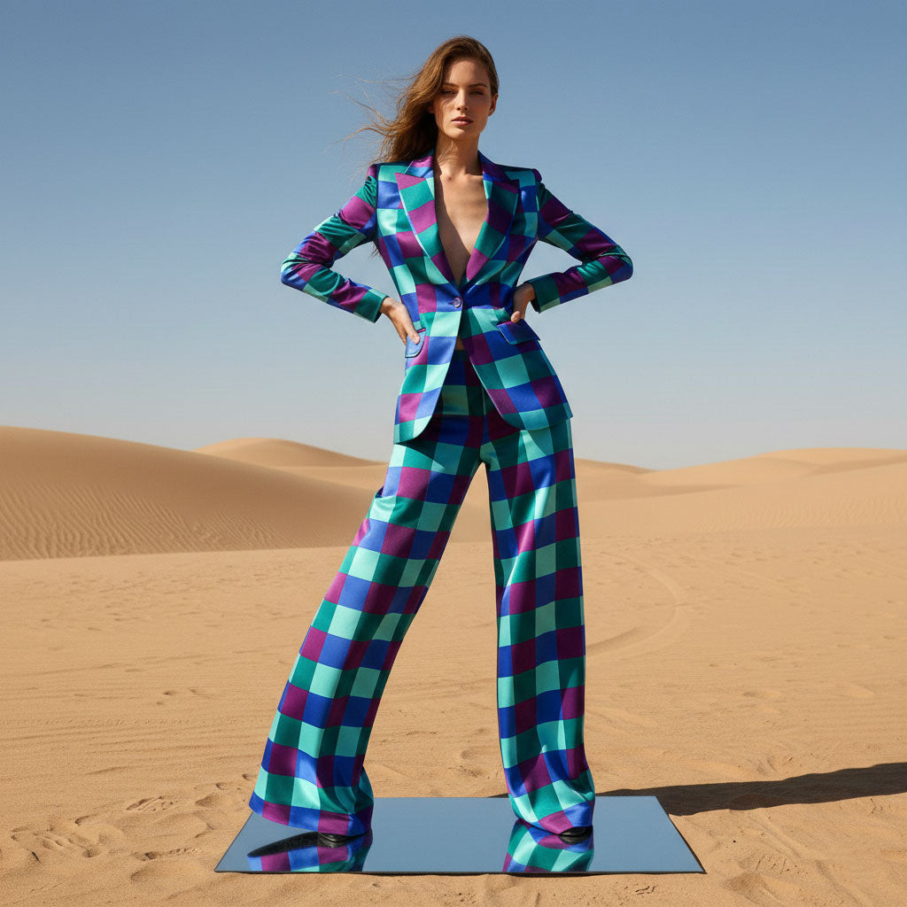 Woman wearing checkered wide leg pant suit, styled look - ARTSAY