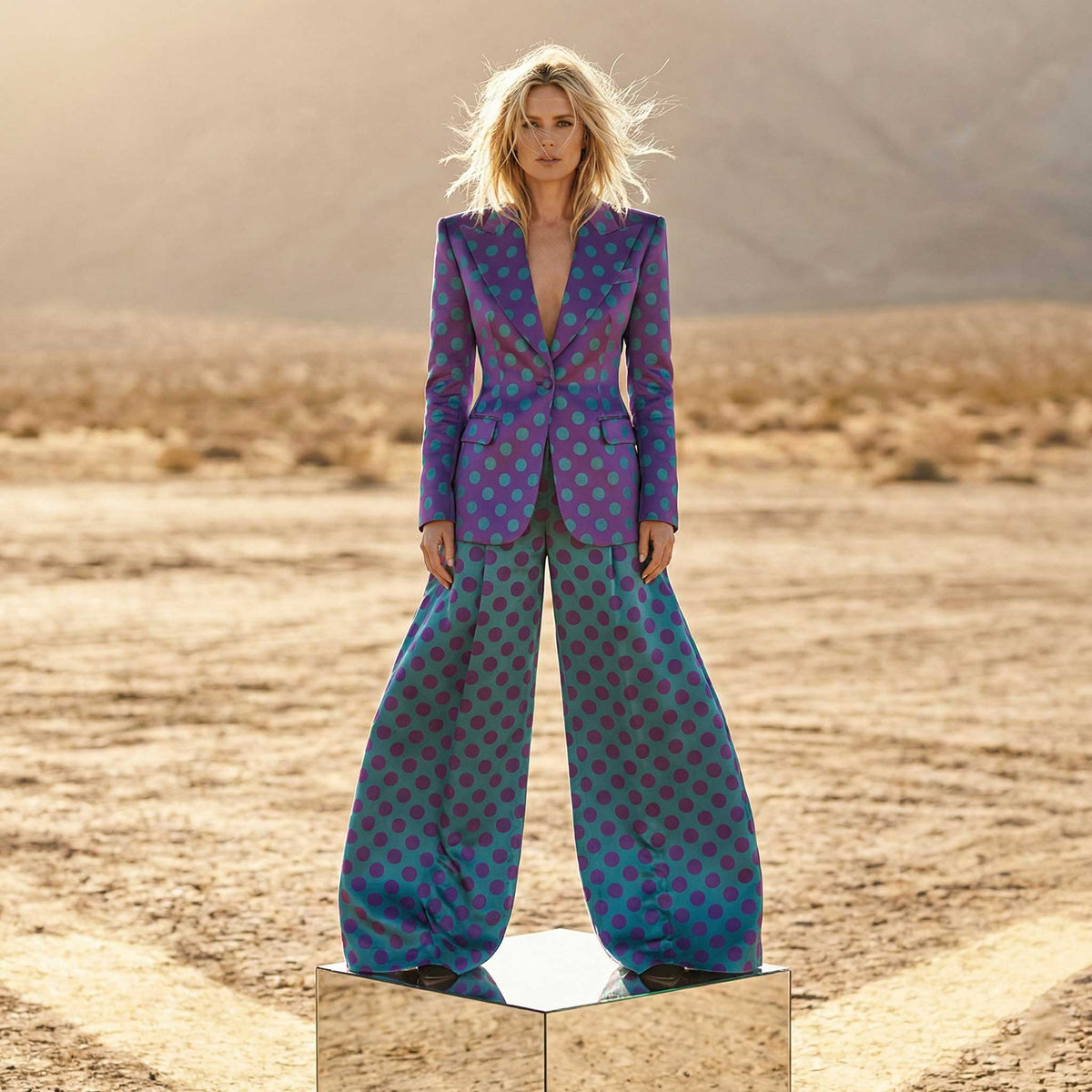 Purple and teal polka dot blazer and pant suit, front view - ARTSAY