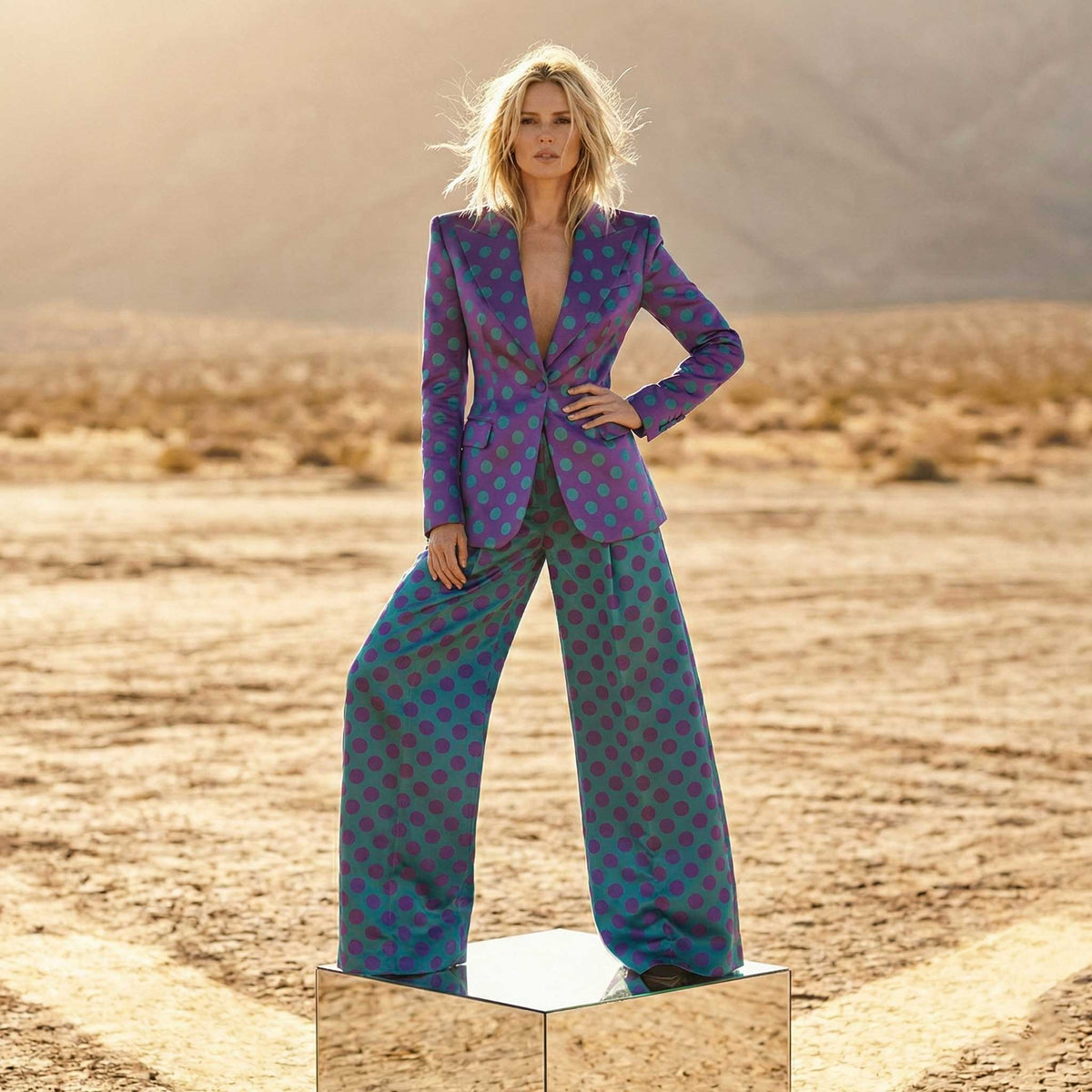 Woman wearing purple teal polka dot suit, styled look - ARTSAY
