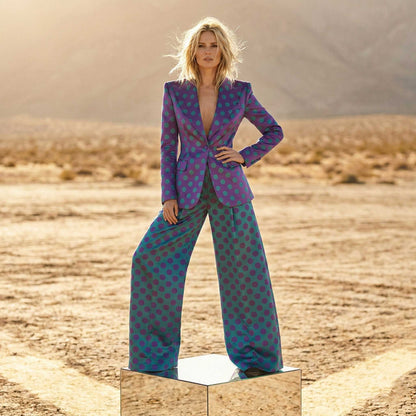 Woman wearing purple teal polka dot suit, styled look - ARTSAY