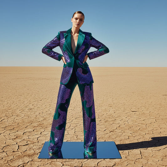 Purple and teal sequin velvet blazer and pant suit, front view - ARTSAY