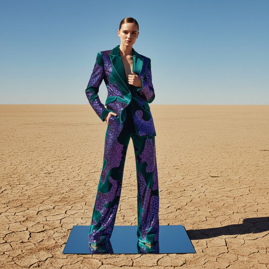 Woman wearing purple teal sequin velvet suit, styled look - ARTSAY