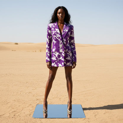 Close-up of floral print pattern on purple velvet blazer dress - ARTSAY